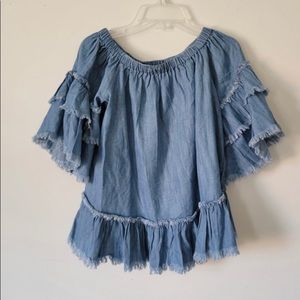 INC Denim NWT Ruffle Frayed Chambray Top, Size XS